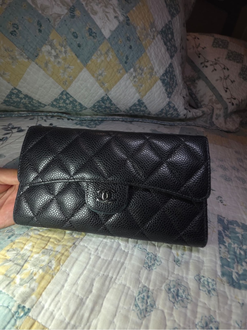 CHANEL Black Quilted Caviar Leather Wallet Clutch